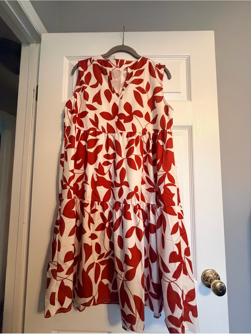 Sleeveless White Dress with orange Leaf Print